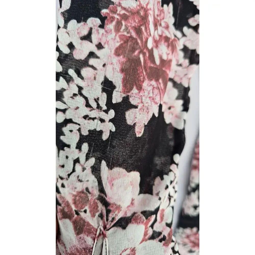 Free People Romper Womens Medium Black Floral Sheer Wrap Long Sleeve Buttons